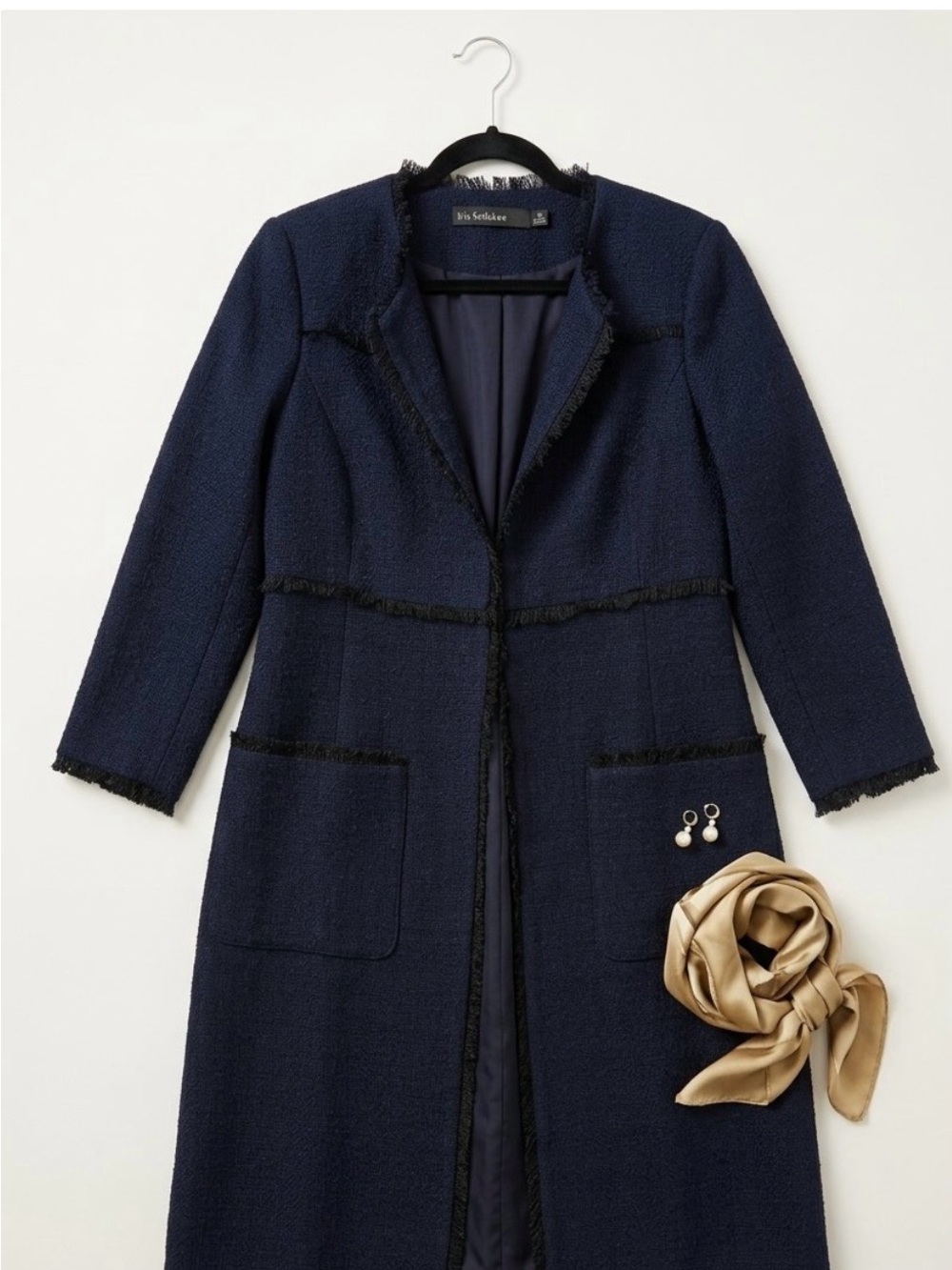 Iris Setlakwe Navy Fringe-Trim Long Coat